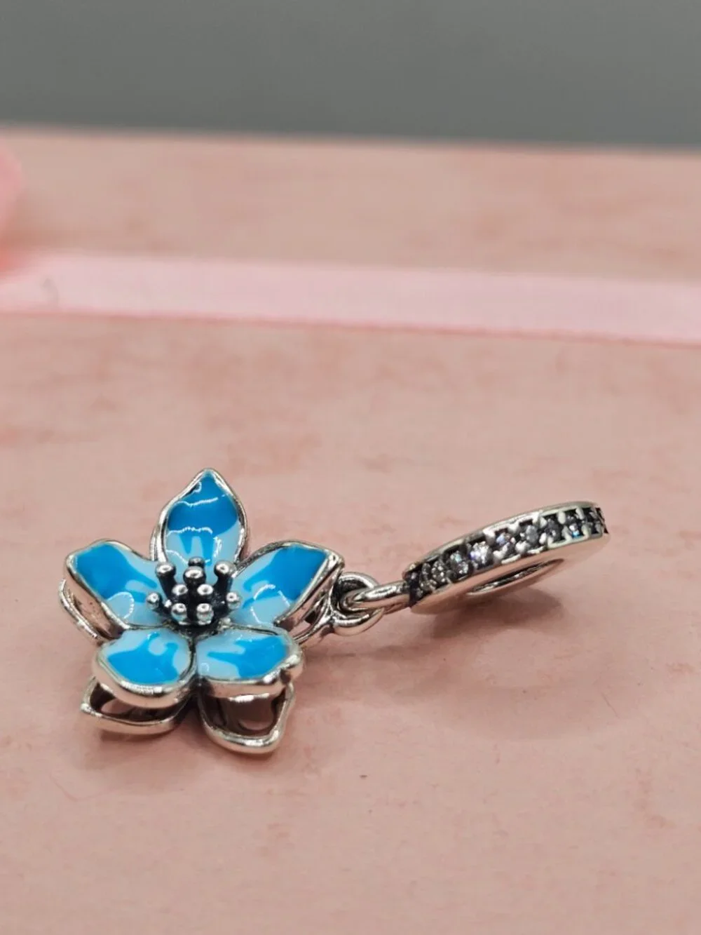 Sterling Silver 925 Rhodium Plated CZ Dangling Blue Blossom Charm